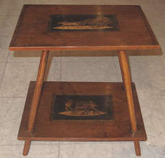 Italian Walnut Two-Tier Side Table with Pictorial Marquetry Inlay