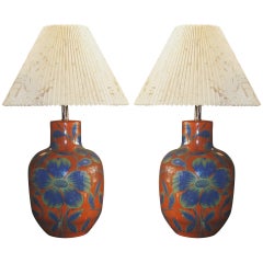 Pair of Large Floral Patterned Ceramic Table Lamps