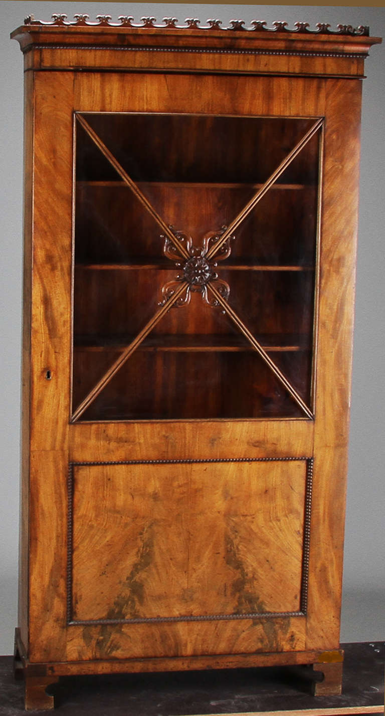 The top with a decorative molding over a front door with beading moldings and center glass panel with a central x and rosette molding. The door opening to interior shelving.  The whole raised on bracket feet.