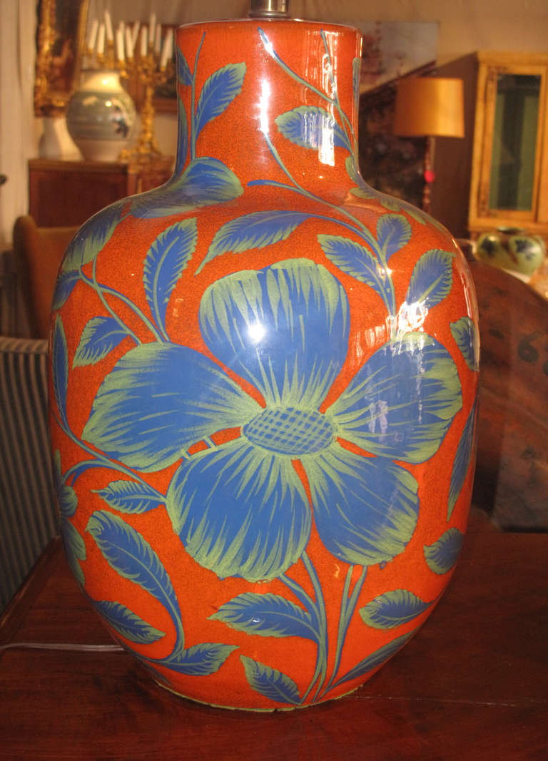 Pair of Large Floral Patterned Ceramic Table Lamps In Good Condition In Hudson, NY