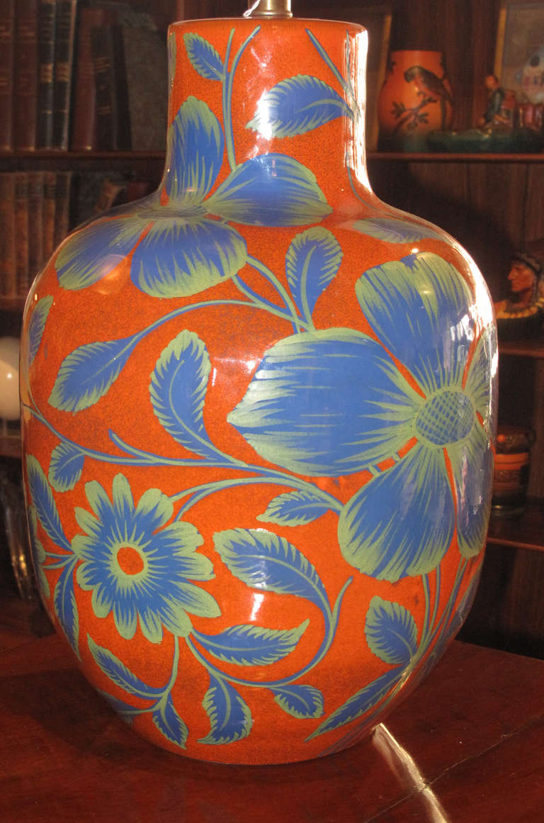 Mid-Century Modern Pair of Large Floral Patterned Ceramic Table Lamps