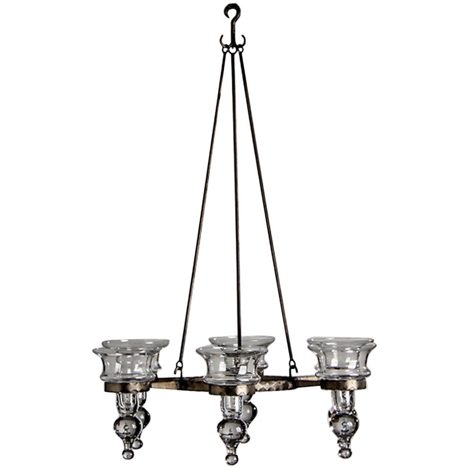 Scandinavian Wrought Chandelier with Glass Bobeches