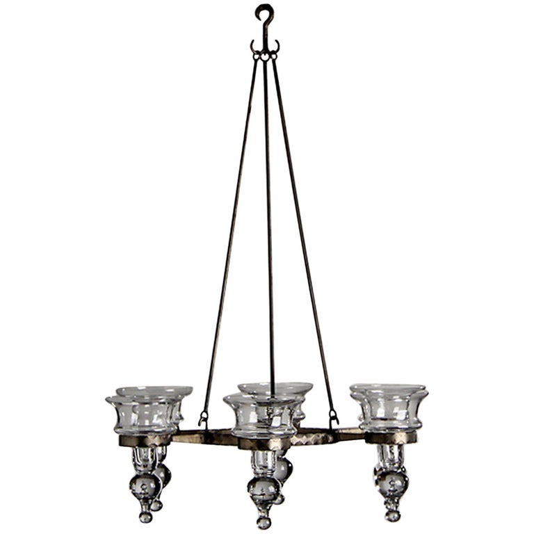 Scandinavian Wrought Chandelier with Glass Bobeches at 1stDibs