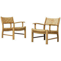 Pair of Danish Beech and Papercord Weave Armchairs
