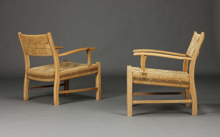 Mid-Century Modern Pair of Danish Beech and Papercord Weave Armchairs