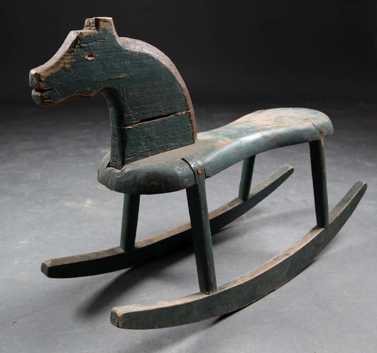 Danish Blue Painted Carved Wood Rocking Horse. Circa 1900s-30s.