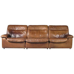 Brown Leather Upholstered Three-Seat Sofa by De Sede