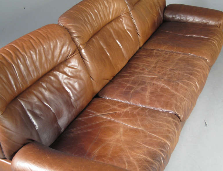 Swiss Brown Leather Upholstered Three-Seat Sofa by De Sede