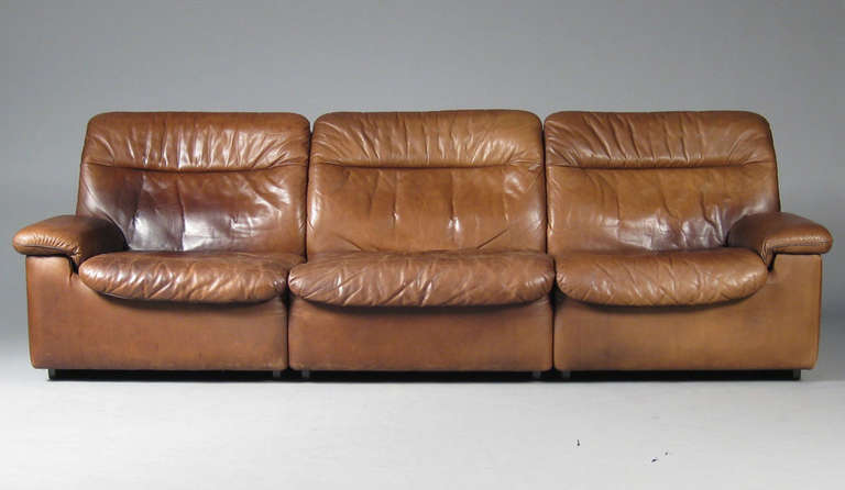 Late 60s-Early 1970s Three-Seat Sofa by De Sede of Switzerland Upholstered in Patinated Brown Leather
