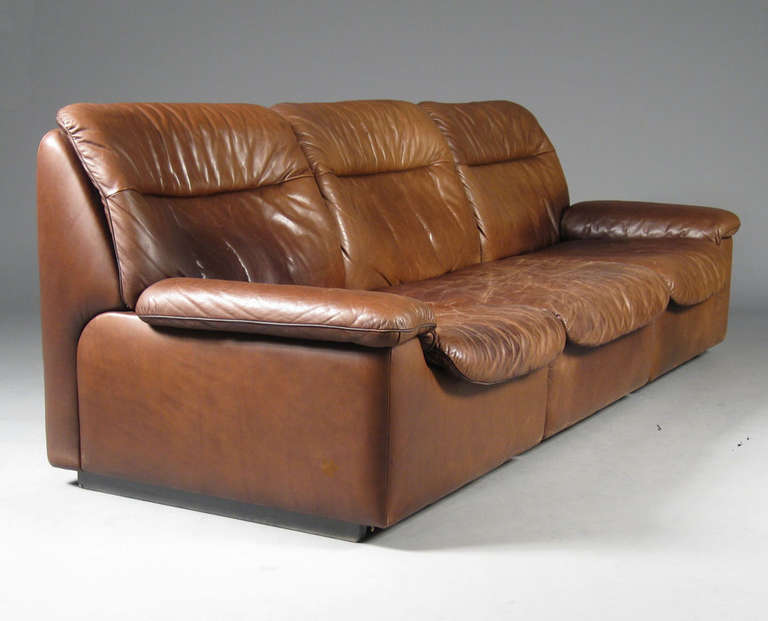 Mid-Century Modern Brown Leather Upholstered Three-Seat Sofa by De Sede