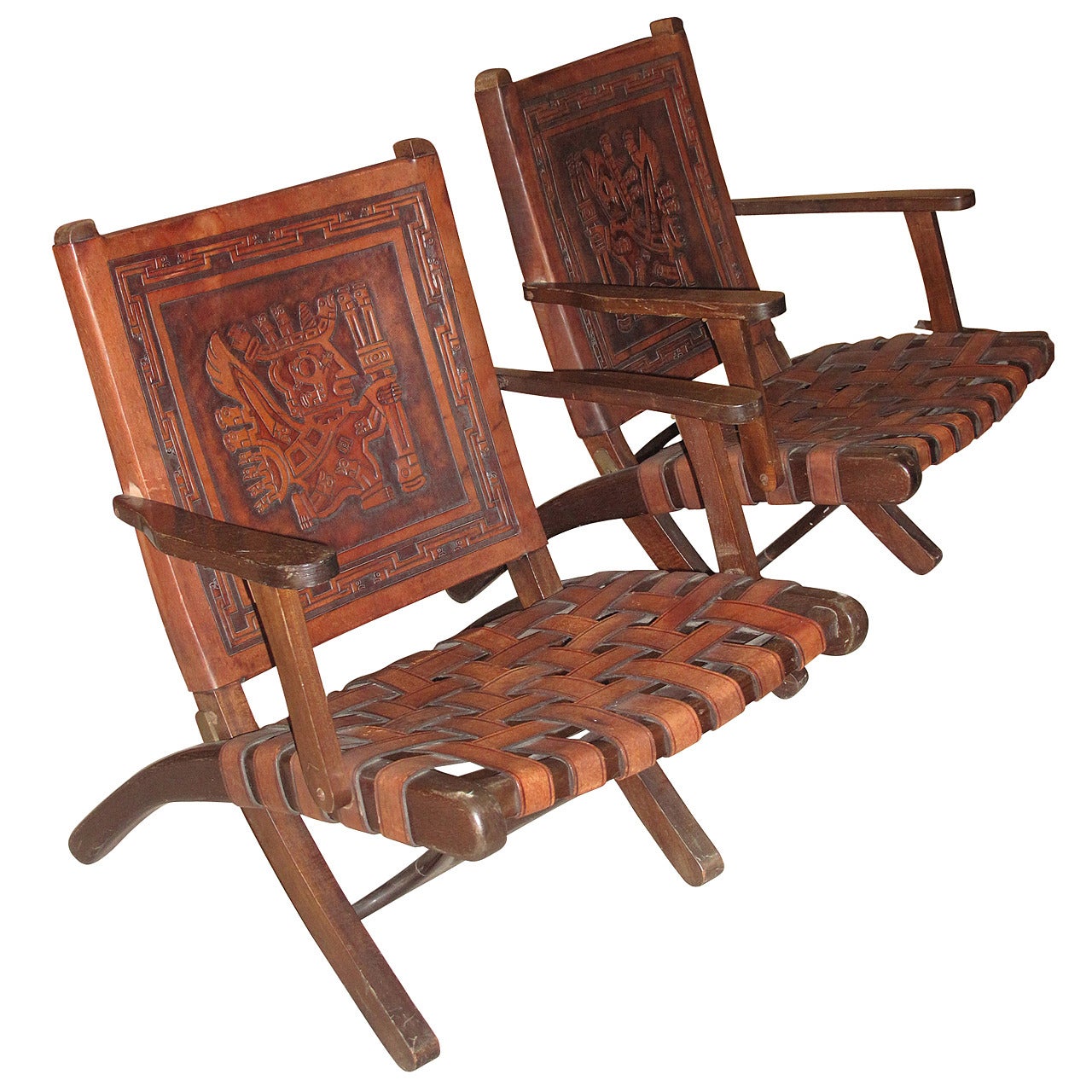 Pair of 1970s Folding Armchairs with Hand Tooled Aztec Designs