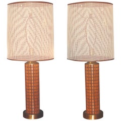 Pair of Early 1960s Walnut and Brass Mounted 1964 World's Fair Lamps