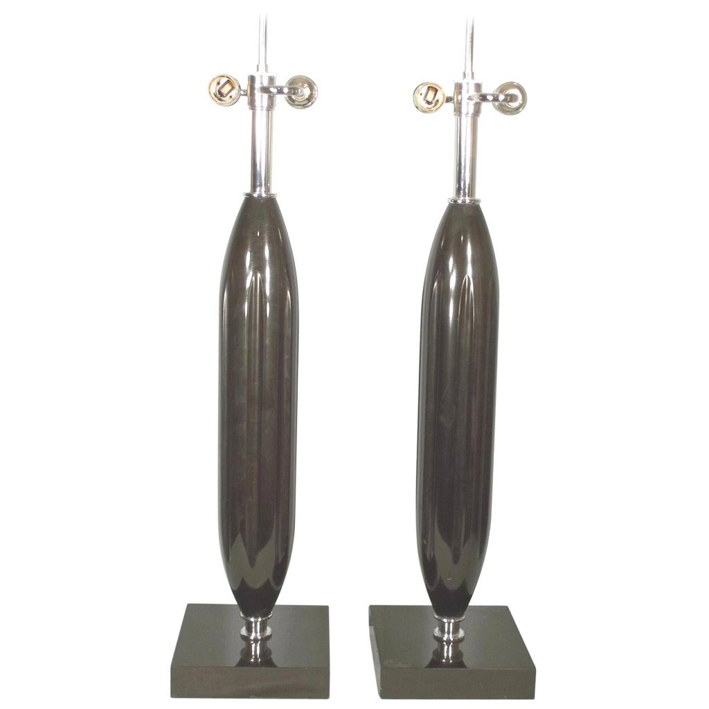 Pair of Large Sculptural Solid Black Marble and Chrome Lamps, circa 1970s For Sale