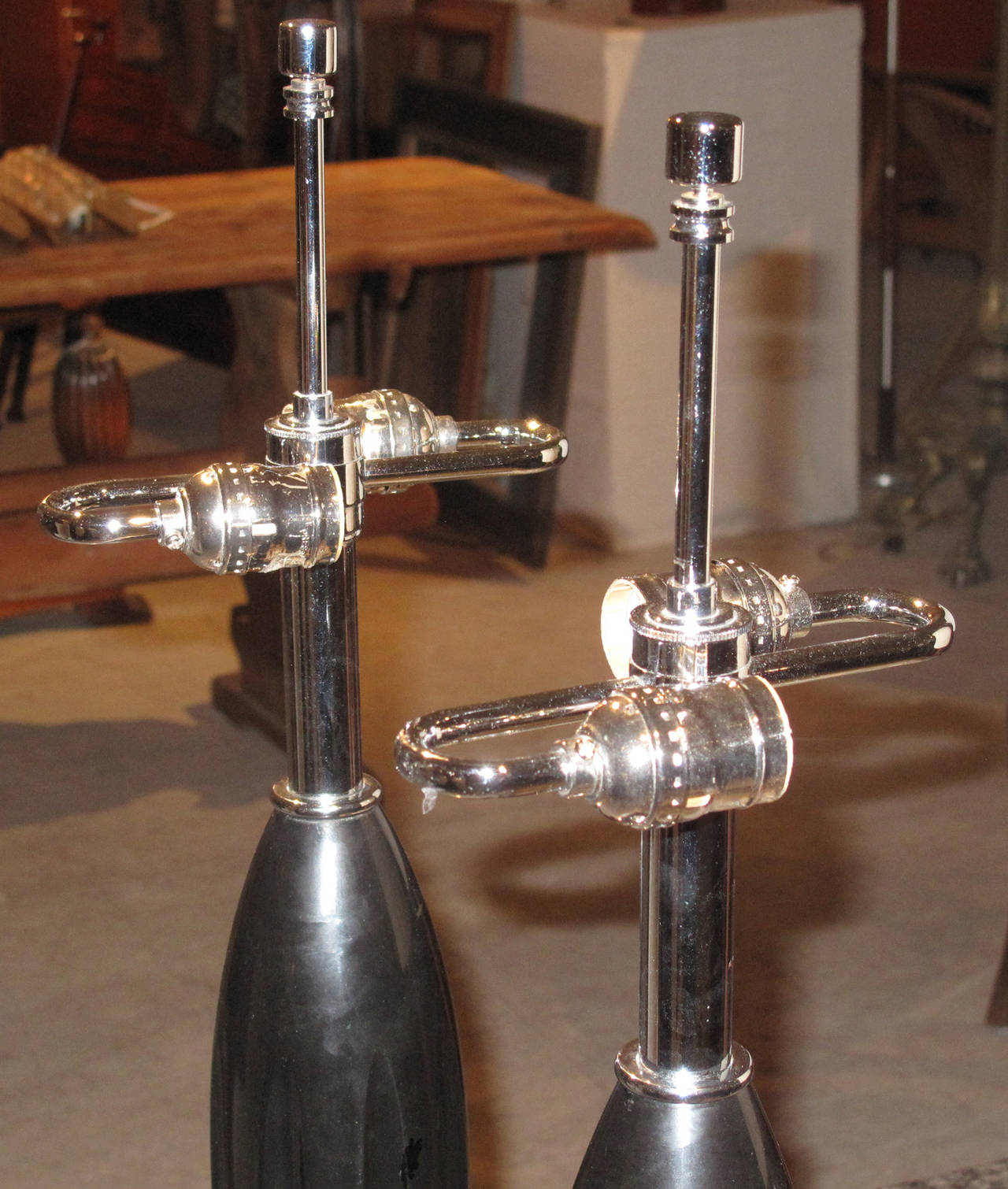 Mid-Century Modern Pair of Large Sculptural Solid Black Marble and Chrome Lamps, circa 1970s For Sale