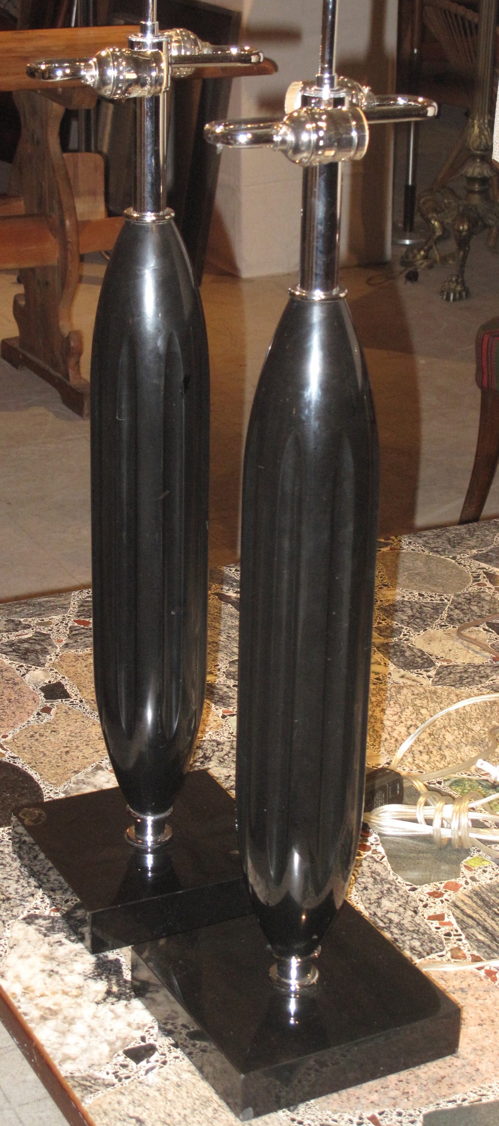 American Pair of Large Sculptural Solid Black Marble and Chrome Lamps, circa 1970s For Sale