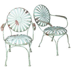 Pair of Green Painted 1940s-1950s Metal Garden Chairs