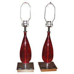 Pair of Red Acrylic and Chrome Teardrop Form Table Lamps