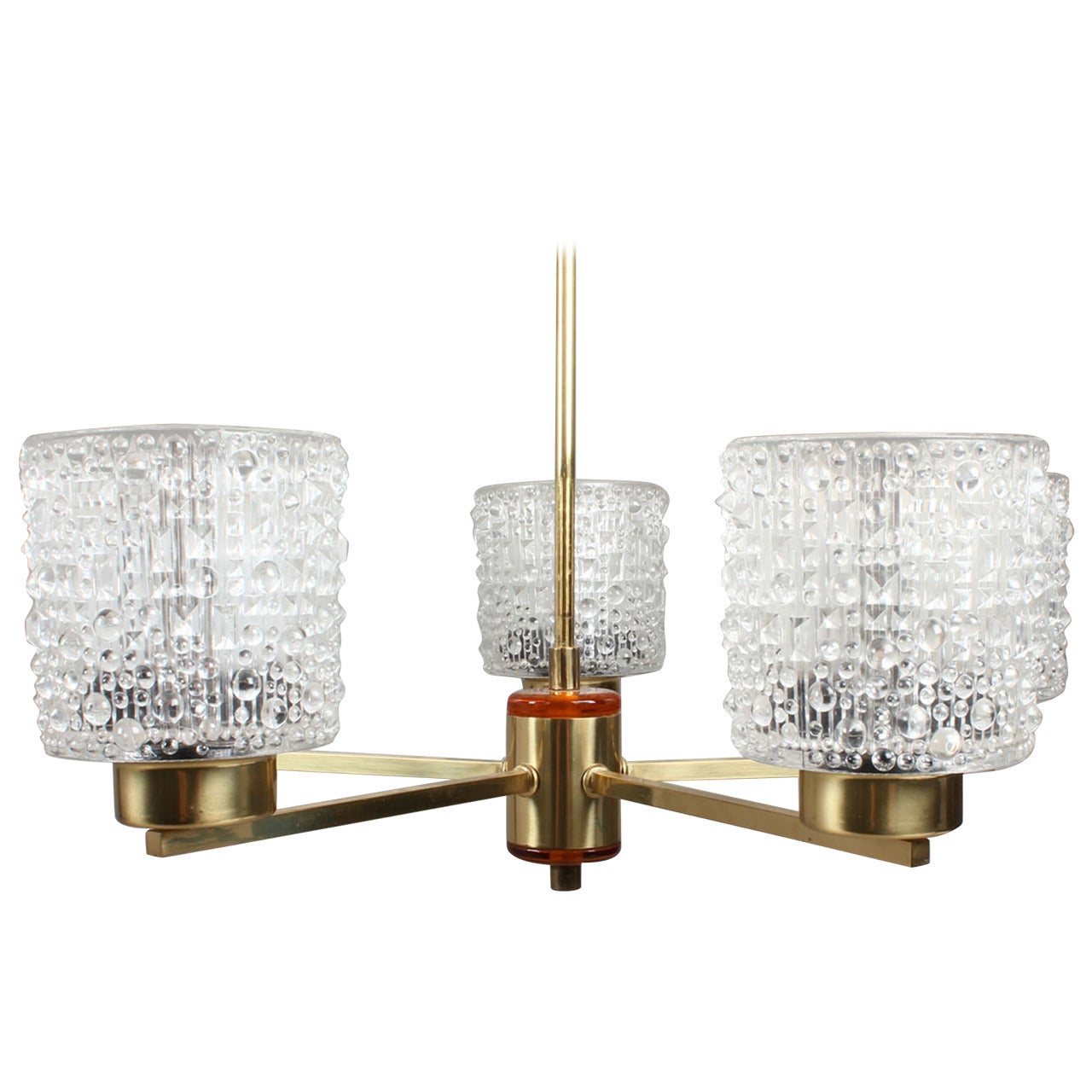 Lampadario a cinque bracci in ottone e vetro pressato di Orrefors of Sweden in vendita
