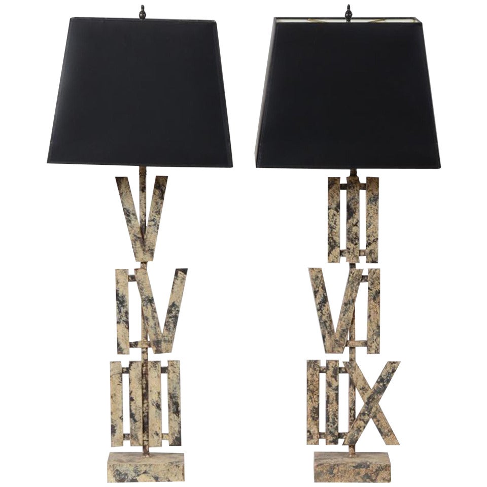 Pair of Painted Metal Roman Numeral Lamps For Sale
