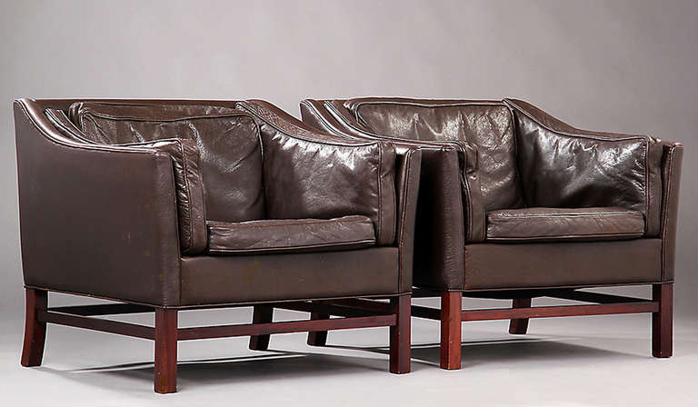 Mid-Century Modern Pair of Large Danish Modern Leather Upholstered Armchairs by Grandt Design