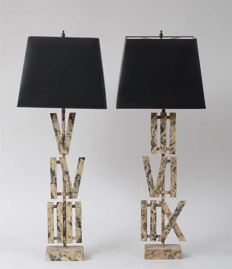 Folk Art Style Lamps Mounted Vertically with Roman Numerals.  The lamps of metal with painted distressed metal.