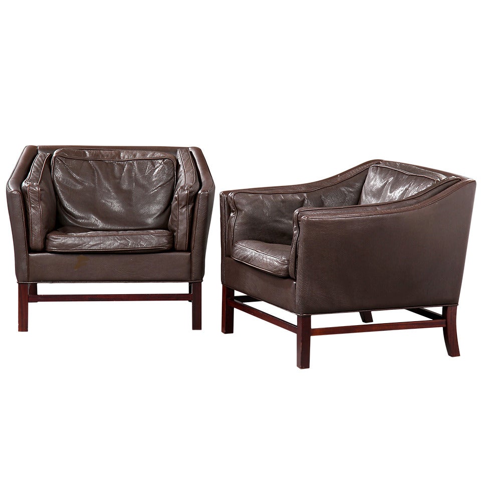 Pair of Large Danish Modern Leather Upholstered Armchairs by Grandt Design