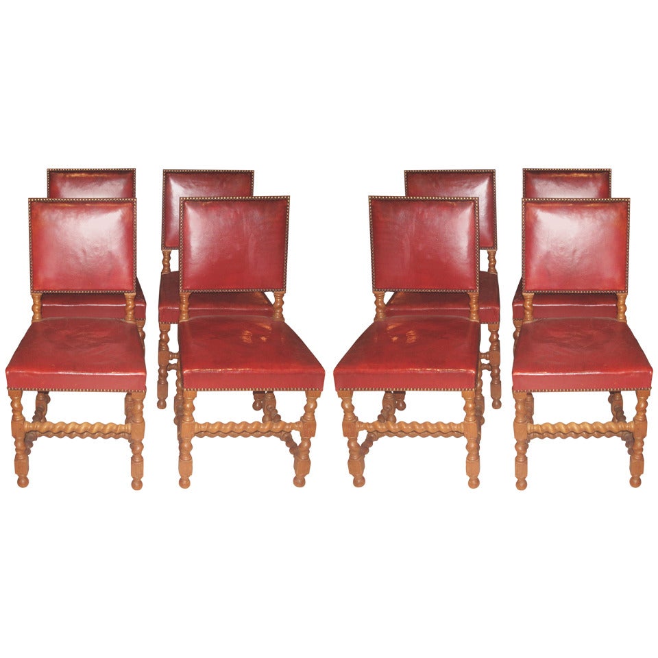 Set of Eight Late 19th-Early 20th Century Danish Leather and Oak Dining Chairs