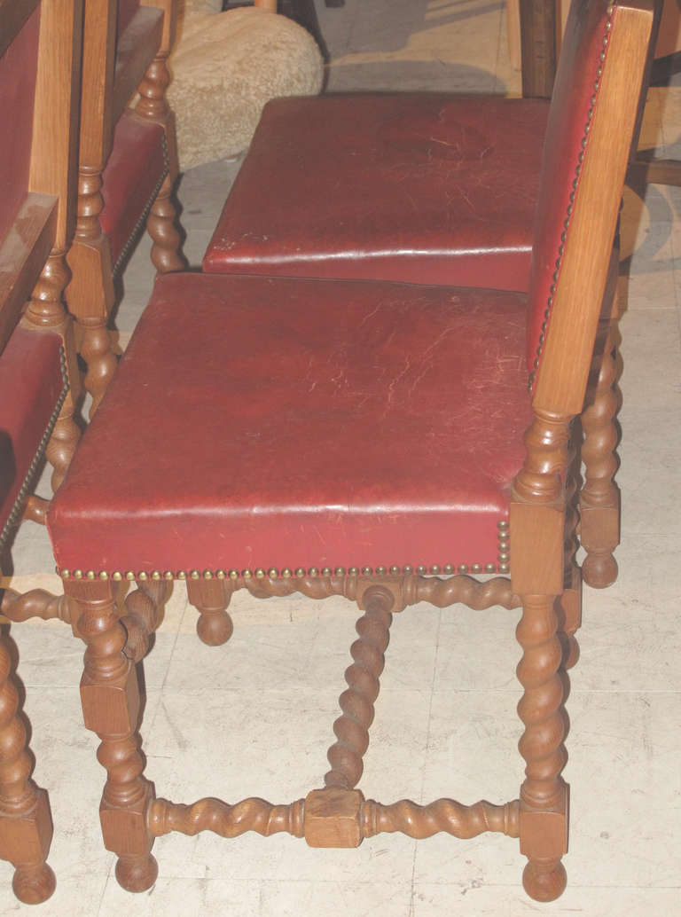 Jacobean Set of Eight Late 19th-Early 20th Century Danish Leather and Oak Dining Chairs
