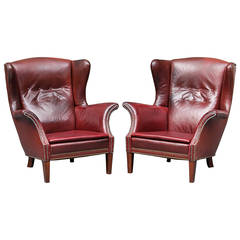Pair of Danish 1940s Leather Wing Chairs Attributed to Fritz Henningsen