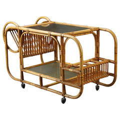 Danish 1940s-1950s Bar or Tea Cart of Rattan with Inset Glass Surfaces
