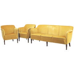Danish 1940s Mohair Upholstered Three-Seat Sofa and Pair of Tub Chairs