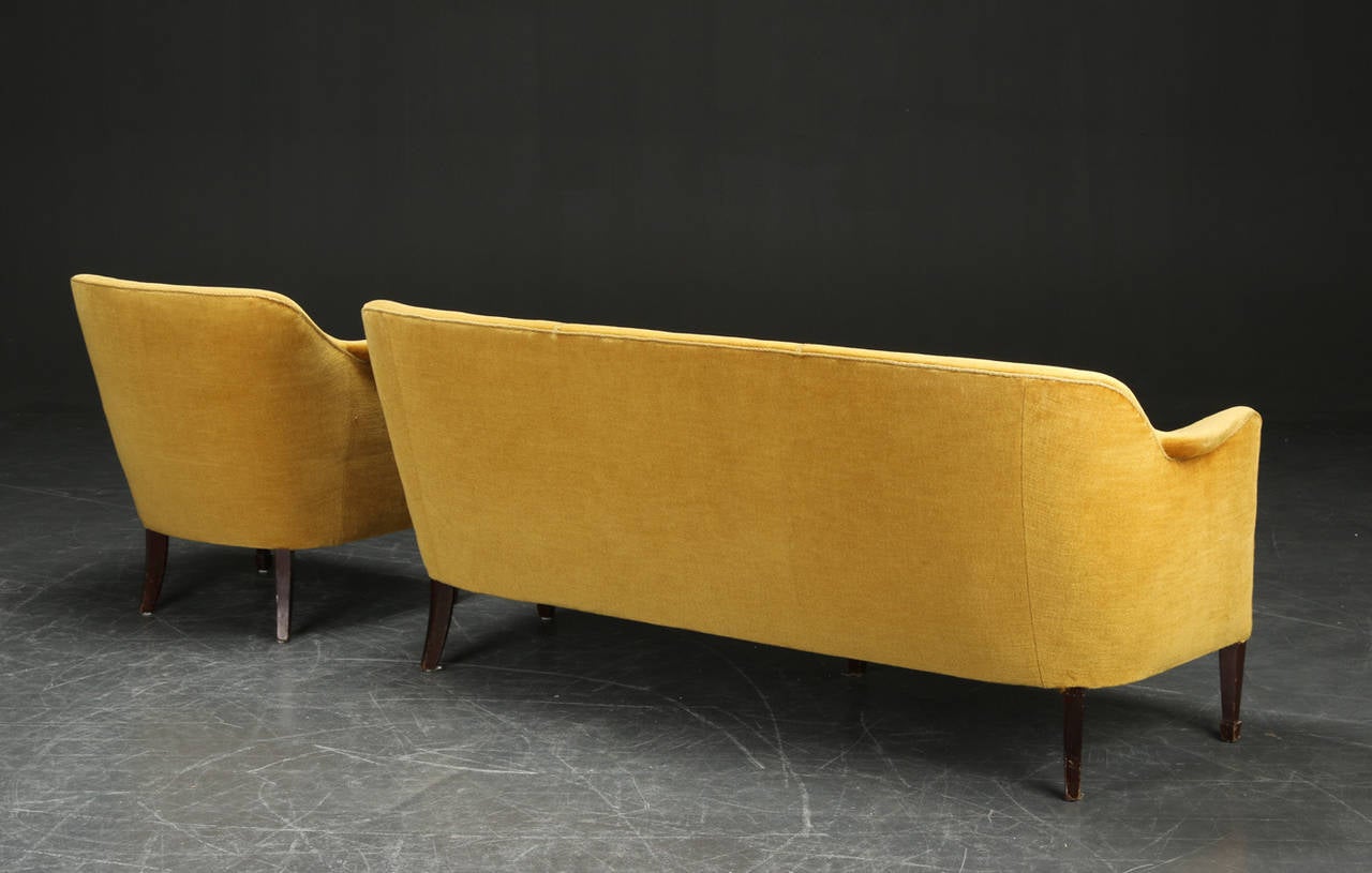 Art Deco Danish 1940s Mohair Upholstered Three-Seat Sofa and Pair of Tub Chairs