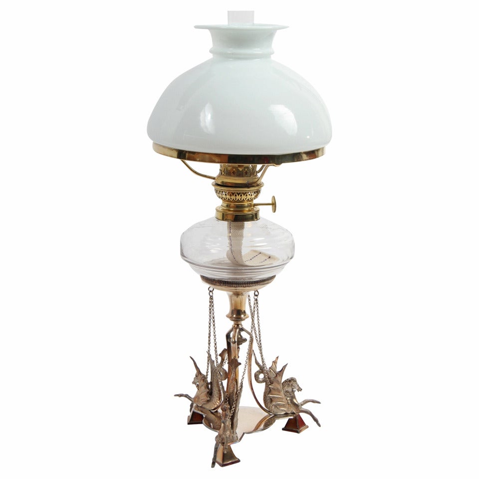English Oil Lamp with Hippocampi Base For Sale