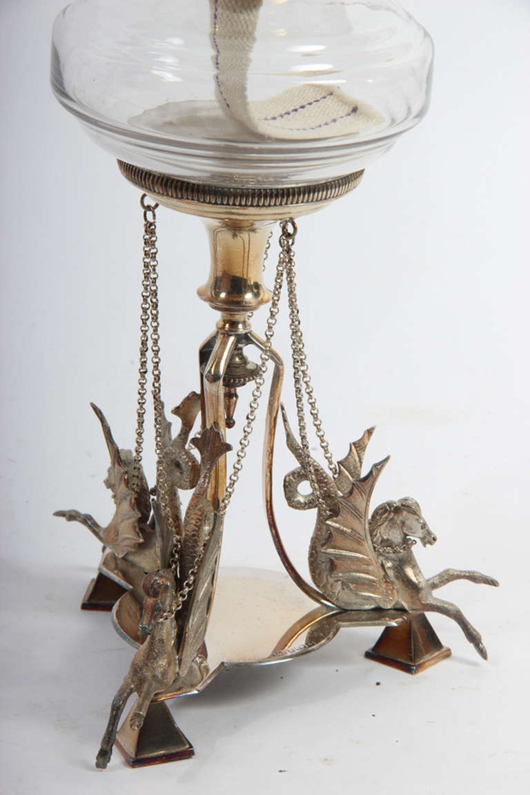 English Oil Lamp with Hippocampi Base In Good Condition For Sale In Hudson, NY