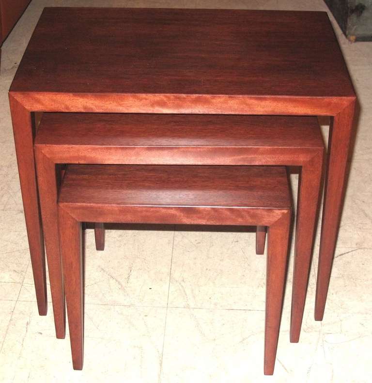 Three rectangular form rosewood tables on square tapered legs by Danish designer Severin Hansen.