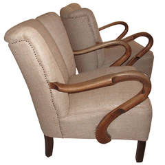 Pair of Danish 1930-40s Large Armchairs with Exaggerated Curved Arms
