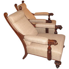 Pair of Large 19th Century Slope Back Armchairs with Lion Head Carvings 5