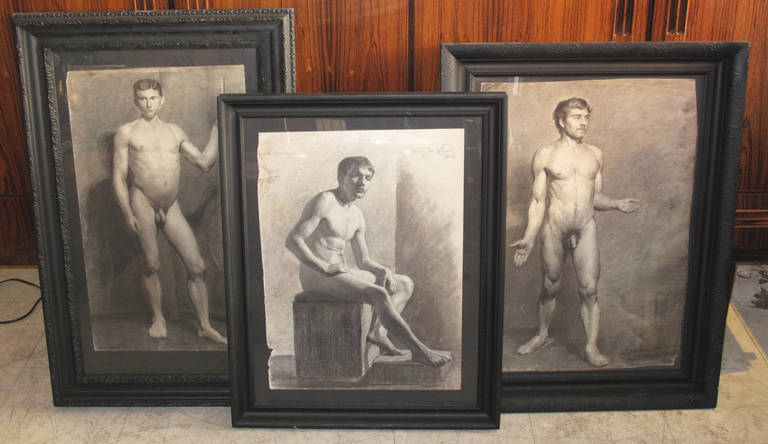 Five Framed Danish Late 19th Century Academic Nude Studies of Men. One signed and dated Carl Jon Hamre 1886. The largest measures 36 1/2