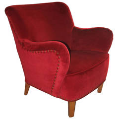 Danish 1930s-1940s Club Chair Upholstered in Close-Nailed Red Velvet