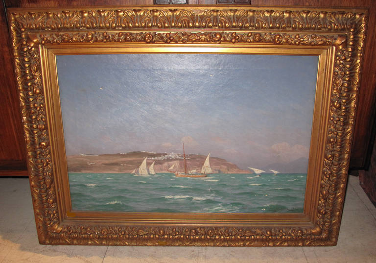 Oil Painting of Mediterranean Seascape by Danish Painter Viggo Helsted;  Dated 1893. Painting in Giltwood Frame.  Note:  Dimensions listed include frame.