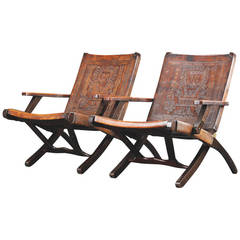 Pair of 1970s Peruvian Embossed Leather Folding Chairs