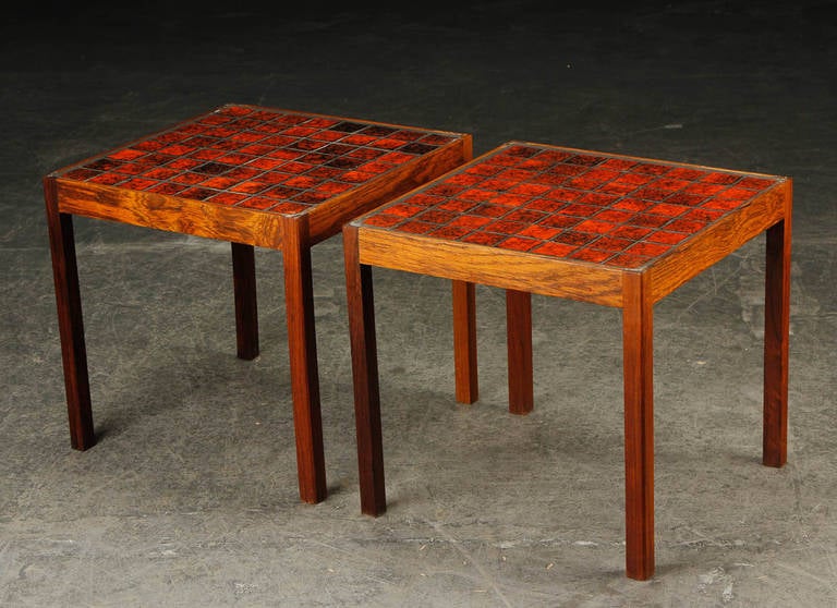 Pair of Early 1960s Danish Modern Rosewood Side Tables Inset with Squares of Red Ceramic Tile