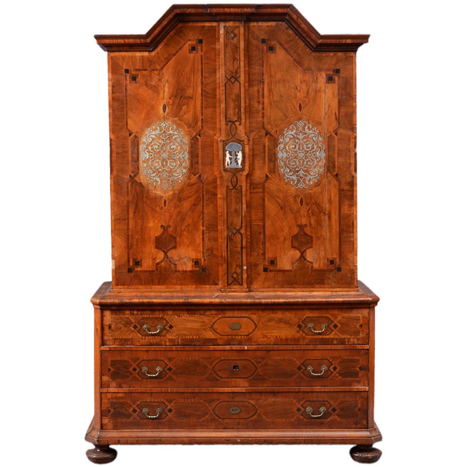 South German Inlaid Baroque Cabinet on Chest For Sale