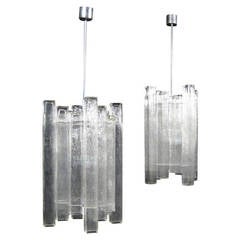 Pair of Large 1950s to Early 1960s Chandeliers Comprised of Square Glass Tubes