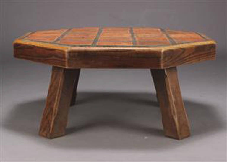 Danish 1940s-1950s Oak Octagonal Coffee or Low Table with Inlaid Tile Top