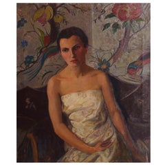 American Early 20th Century Painting of Woman in a White Gown