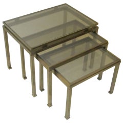 1970s Brushed Steel Set of Three Nesting Tables, France