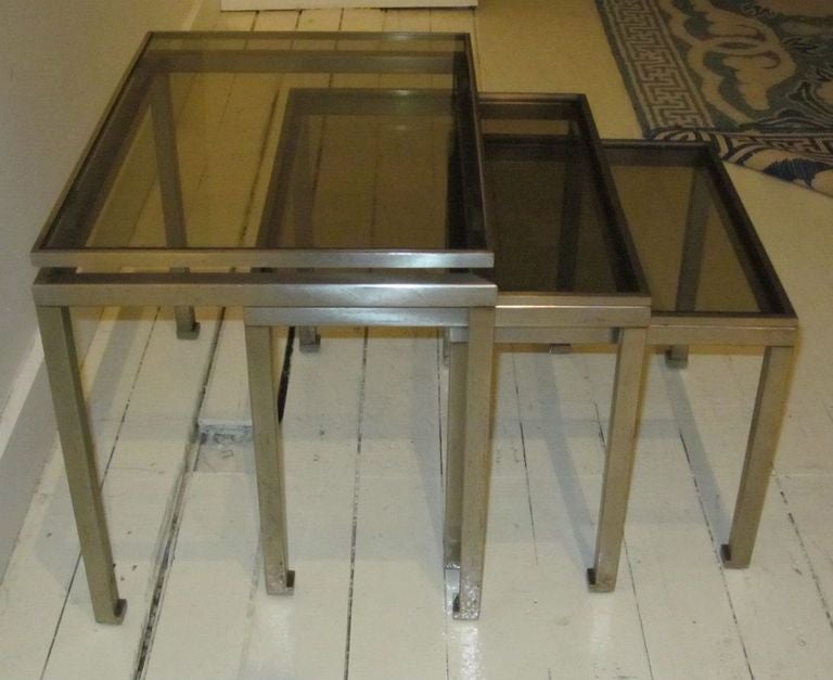 French 1970s Brushed Steel Set of Three Nesting Tables, France
