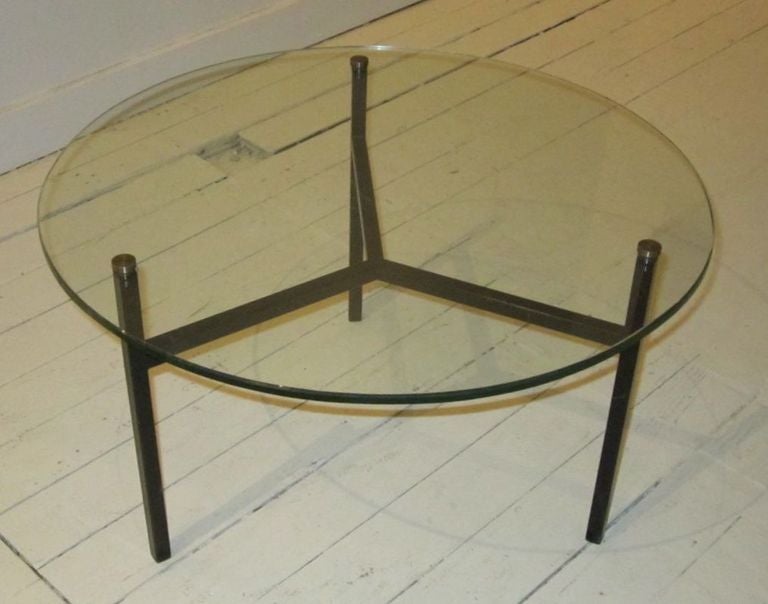 1970'S French Round Glass Top with Black Iron Base Coffee Table
