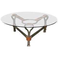1970s Leather and Steel Base-Round Glass Top Coffee Table, Belgium